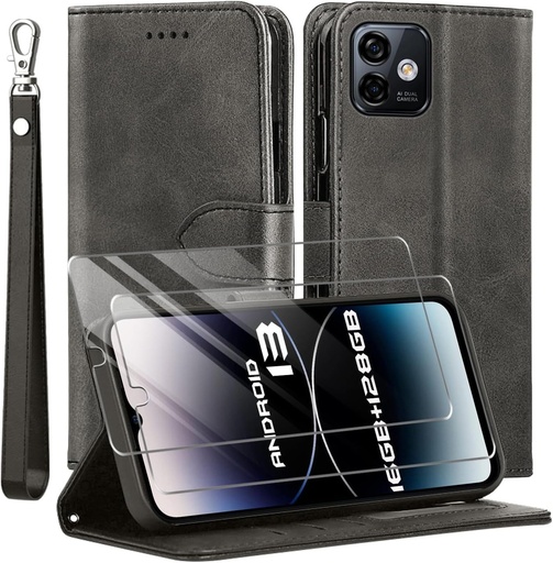 TTYSHTT Compatibil cu Husa Ulefone Note 16 Pro, Husa Flip din piele pentru telefon rezistenta la socuri, Husa de protectie magnetica TPU din silicon [Slot pentru card] [Functie suport] [2X Protector de ecran] Husa - Negru