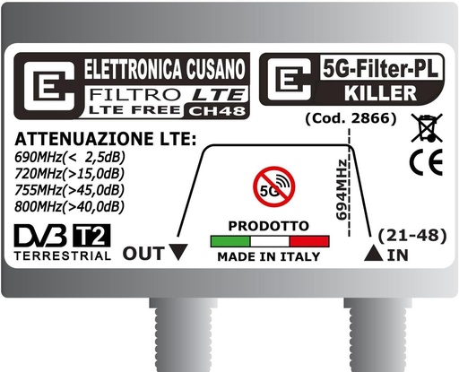5G-Filter-PL(KILLER) - Filtru LTE pentru suprimarea frecventelor peste 694 MHz, filtru 5G optimizat pentru interferenta 5G ILIAD, filtru LTE anti-telefonie, fabricat in Italia