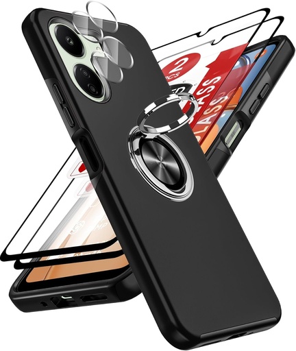 Husa LeYi pentru Xiaomi Redmi 13C/13 C 4G/ Poco C65, cu 2 sticla securizata, 2 protectoare pentru camera si inel invizibil pentru telefon, husa militara PC TPU antisoc - neagra