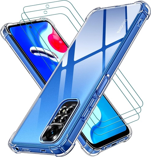 Husa iVoler pentru Xiaomi Redmi Note 11 4G / Xiaomi Redmi Note 11S 4G, husa rezistenta la socuri cu bara de protectie moale TPU si folie din sticla securizata din 3 piese, husa de protectie subtire transparenta din silicon