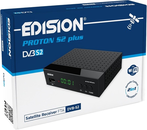 Receptor de satelit EDISION Proton S2 Plus Full HD FTA, (compatibil cu oprire DVB-S2 | ARD si ZDF SD) Compatibil Unicable, RCU 2-in-1, HDMI, SCART, S/PDIF, LAN, USB, lista de canale germane preinstalata