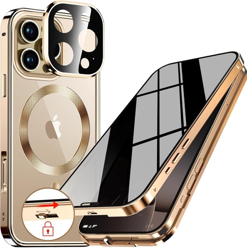 Husa magnetica de confidentialitate de 360 ​​de grade pentru iPhone 16 Pro Max 6,9 inchi [Protector de lentile incorporat] Husa de protectie cu ecran de sticla 9H integrat, - auriu