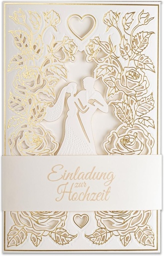 Invitatii de nunta Art Nuvo - 20 buc. 130x205mm, cu insertii imprimabile si plicuri pentru nunti, taiate cu laser, finisate cu folie aurie. Model presat cu inscriptii gravate ZAP_DE_09