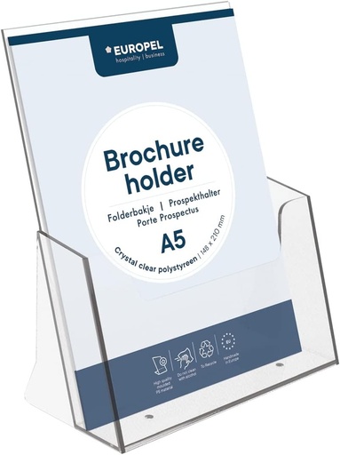 Suport pentru brosuri Europel - Suport pentru brosuri cu injectie - DIN A5 - Transparent - Suport pentru brosuri pentru birouri - Suport pentru brosuri in format portret pentru meniuri, pliante, fluturasi