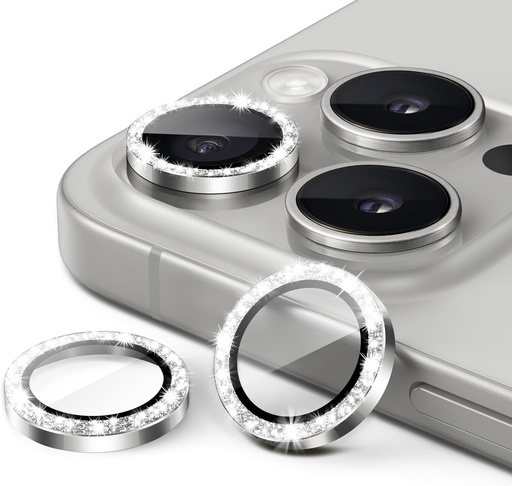Protector pentru obiectiv JETech pentru iPhone 15 Pro 6,1 inchi si iPhone 15 Pro Max 6,7 inci, husa individuala cu inel metalic din sticla temperata 9H, 1 set (alb titan)
