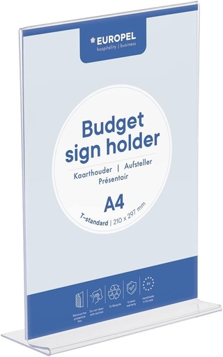 Afisaj de masa Europel Budget, T-Base, dimensiune portret A4, polistiren transparent de 1,5 mm, poster, pentru restaurante, hoteluri, conferinte, receptii, de sine statatoare si transparent pe doua fete