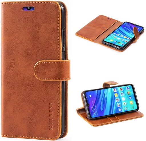 Husa telefon mobil Mulbess pentru husa Huawei P Smart 2019 / Honor 10 Lite, husa din piele cu stil carte, functie stand, husa pentru telefon mobil cu sloturi pentru carduri, vintage maro cognac