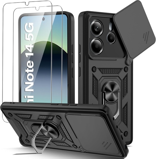 Husa Guisessy compatibila cu Xiaomi Redmi Note 14 5G (nu pentru 4G) cu 2 pachete de protectie pentru ecran din sticla securizata, husa de protectie pentru camera anti-zgarieturi Suport inel rotativ grad militar - negru