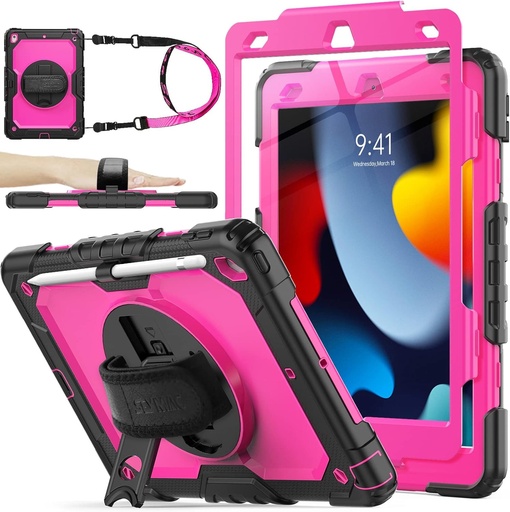 Husa stoc SEYMAC pentru iPad Pro 12.9 2021/2020/2018 a 5-a/4-a/3-a generatie, husa rezistenta cu suport pentru creion de protectie pentru ecran [suport rotativ] si curea de mana pentru iPad Pro 12.9 (albastru deschis)