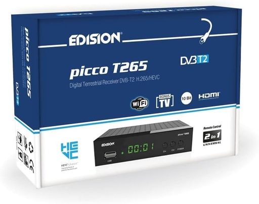 EDISION PICCO T265, 2024 Nou decodor TV TDT spaniol DVB-T2, Full HD, H265 HEVC, PVR, USB, HDMI, SCART, telecomanda IR 2 in 1, receptor DVB-T2 de inalta definitie, suport USB WiFi