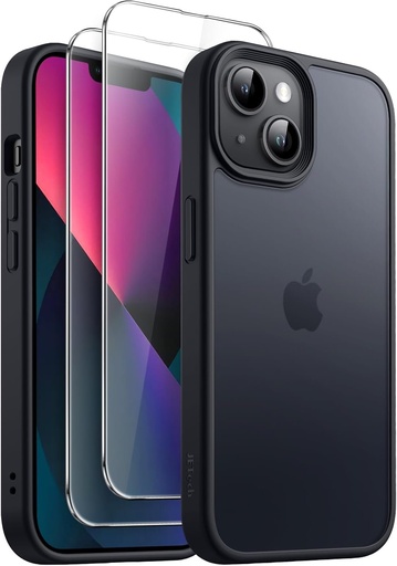 Husa mata JETech 3 in 1 pentru iPhone 13 de 6,1 inci cu 2 protectoare de ecran din sticla securizata, husa mata, translucida, rezistenta la socuri (negru)