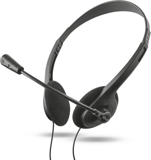 Casti Trust Primo Chat cu fir 3,5 mm, Microfon reglabil, Design usor, Adaptor Y, Cablu de 1,8 m cu control al volumului, Casti PC cu fir pentru Mac Office Skype Teams, Negru