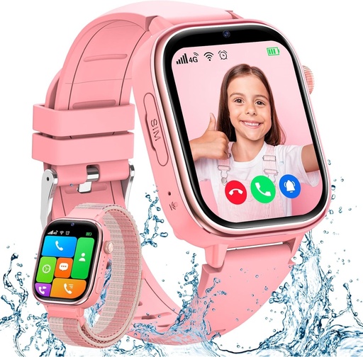 Ceas inteligent 4G copii, ceas inteligent impermeabil IP68 pentru copii cu apel video, telefon, chat vocal, GPS, SOS, mod scoala, ceas cu alarma, ceas pentru copii pentru fete si baieti 3-14 ani roz pal (rama stralucitoare)