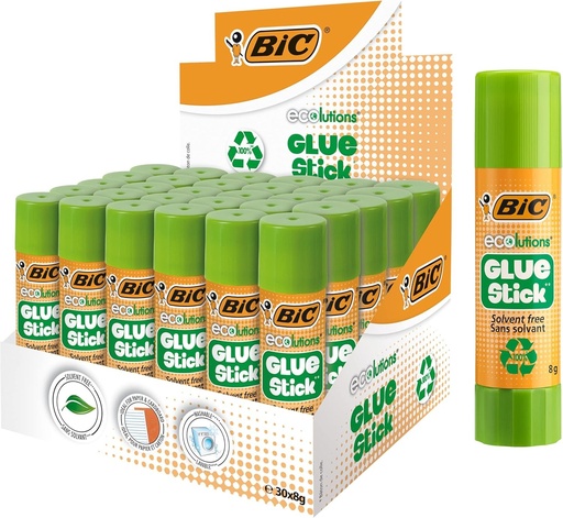 BIC ECOlutions Batoane de adeziv alb, ideal pentru hartie si carton, fara solvent, 8 g, cutie cu 30 tuburi