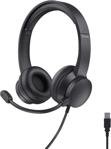 Casti USB Trust Roha II cu microfon usor pe ureche, banda pentru cap reglabila, microfon flexibil, cablu de 1,8 m, casti pentru PC cu fir pentru laptop, birou, telemunca, chat, echipe Zoom - negru