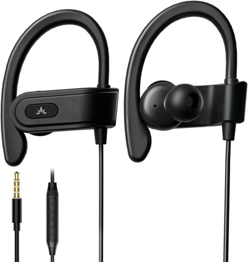 Avantree E171 - Casti sport cu fir AUX de 3,5 mm cu microfon, rezistente la transpiratie, pentru alergare, casti supraear cu carlig pentru ureche, casti pentru antrenament, antrenament, sala de sport - negru