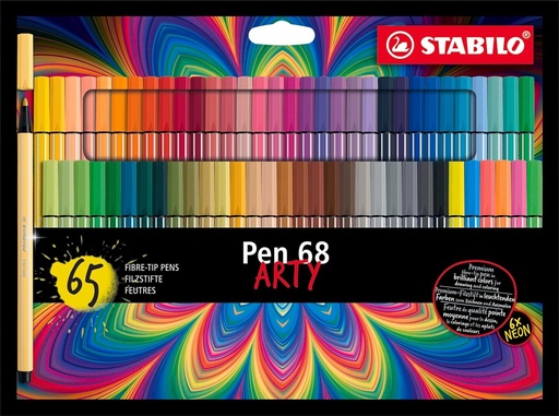 STABILO Pen 68 ARTY - Pix pentru desen - Cutie carton x 65 pixuri colorate cu varf mediu - Gama ARTY