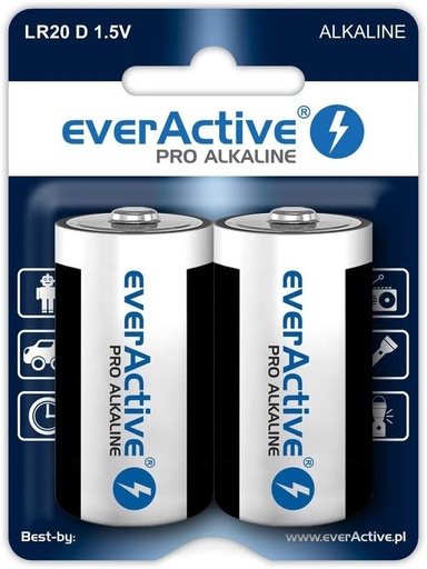 Baterii everActive D 2 pachete, Pro Alkaline, Mono LR20 R20 1,5 V, cea mai inalta performanta, termen de valabilitate de 10 ani, 2 bucati - 1 blister