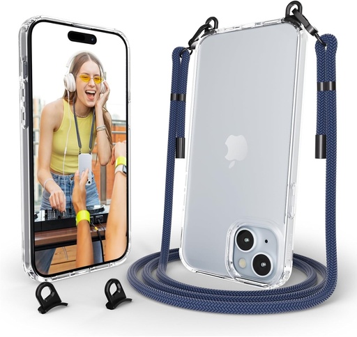 Husa cu lant pentru telefon mobil SelfSpark cu curea compatibila cu iPhone 15 Colier Husa transparenta pentru telefon mobil cu cablu detasabil | Husa de protectie rezistenta la socuri pentru agatat cu snur, albastru