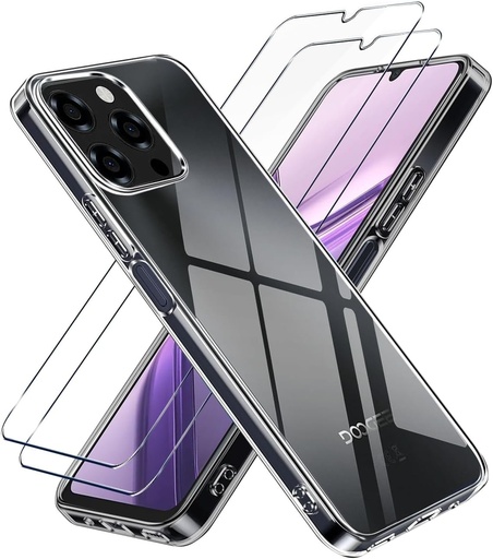 Husa LYJERRY cu 2 sticla securizata compatibila cu Doogee N55 Pro/Doogee N55 Plus / N55 Protector de ecran, husa transparenta din silicon antisoc
