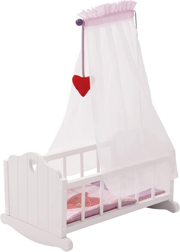 leagan de papusa roba din seria de mobilier pentru papusi "Fienchen", pat de papusa pentru leagan inclusiv echipament textil, lenjerie de pat si baldachin, accesorii pentru papusi, vopsit in alb