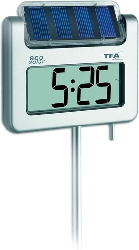 Termometru digital solar de gradina TFA Dostmann Avenue, 30.2026, cu senzor de lumina, afisare timp, valori mari si mici, inaltime 1145 mm, argintiu