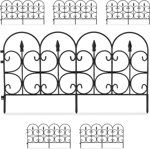 Gard de gradina Relaxdays din plastic rezistent la intemperii, inaltime de 30 cm, frumos gard decorativ, cu varfuri de pamant, set 6 piese, 4 m, negru