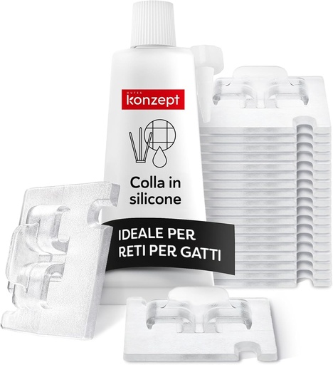 Konzept 11 carlige plasa pentru pisici, 20 de conturi, cu adeziv de 40 ml, ideal pentru plase de balcon, transparent, nu necesita gaurire, pentru utilizare in interior si exterior.