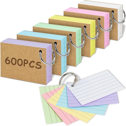 600 de bucati Flashcard-uri cu linii, A8 Flashcards cu inel in cutia practica de invatare, cutie de vocabular Flashcard pentru vocabular, formule si note in limba engleza