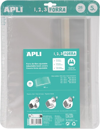 APLI 16955 Coperta de carte cu clapa reglabila din polipropilena, 280 mm