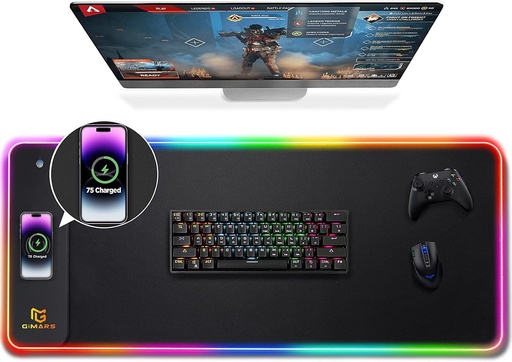 Mouse Pad pentru gaming Gimars RGB cu incarcare fara fir 15W, 800x300x4mm - Mouse Pad XXL, 10 moduri de iluminare, covoras de birou RGB mare cu suprafata neteda premium
