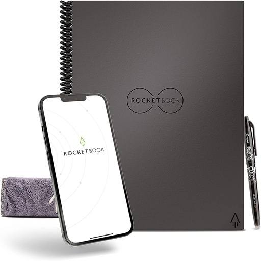 Caiet digital Rocketbook Core - Caiet reutilizabil A4 cu spirala neagra, blocnotes cu puncte, pix stergator Pilot Frixion inclus, gadgeturi Office Tech