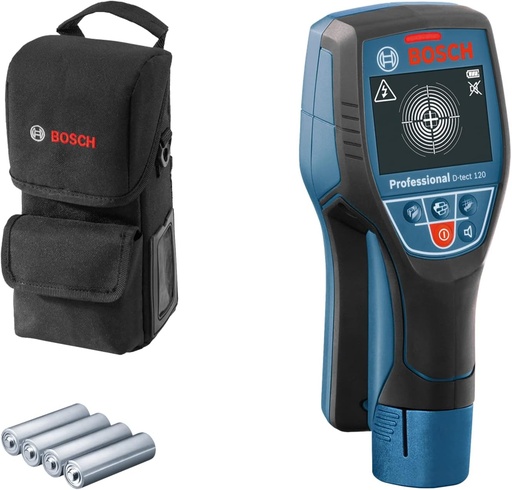 Detector profesional Bosch D-tect 120 (detectie max. tevi din plastic/substructuri din lemn/cabluri sub tensiune/metale magnetice si nemagnetice: 60/38/60/120/120 mm, punga de protectie)