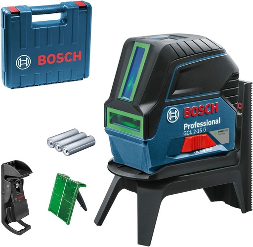 Laser multifunctional Bosch Professional GCL 2-15 G (laser verde, interior, puncte de plumb, 15 m, 3 baterii AA de 1,5 V, suport rotativ RM 1, placa tinta laser, carcasa)