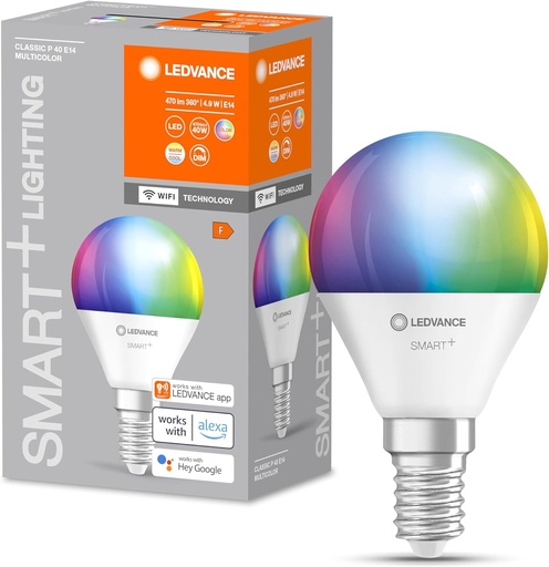 LEDVANCE Bec LED inteligent cu tehnologie WiFi, baza E14, reglabil, culoarea luminii (2700-6500K), culoare RGB schimbabila, inlocuieste becurile incandescente de 40 W, SMART+ WiFi Mini Bec multicolor, 1 pachet