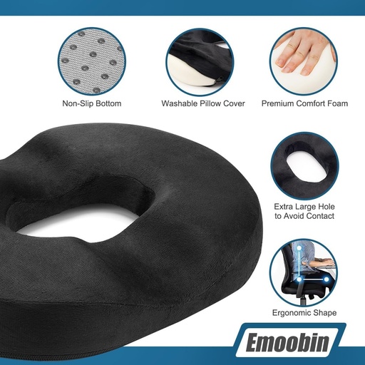Perna Donut pentru hemoroizi, perna pentru coccis - perna ortopedica pentru ameliorarea durerii, pentru sarcina, coccis, escare, postnatala, sciatica, 45 cm, negru