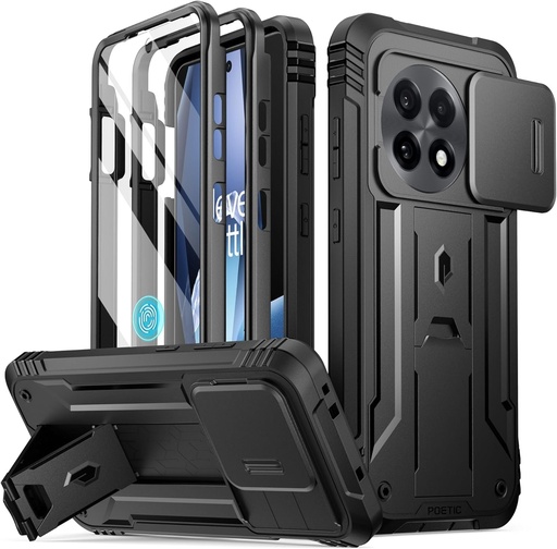 Carcasa POETIC Revolution pentru OnePlus 13R 5G, [Capac glisant pentru camera], Protector de ecran integrat [Functioneaza cu identificarea prin amprenta], [2 rame frontale] Carcasa completa rezistenta la socuri cu suport, Negru