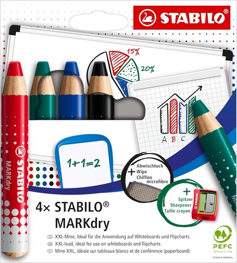 STABILO MARKdry - Creioane marker - Cutie carton x 4 creioane pentru tabla alba si ardezie, creion lat cu mina XXL, stergator, ascutitoare + laveta de curatare - Culori asortate: negru, albastru, rosu, verde