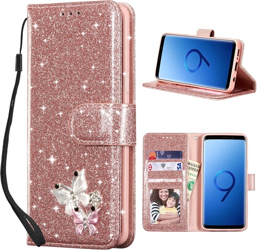 Husa cu clapa UEEBAI pentru Samsung Galaxy S9, piele PU cu sclipici 3D cu fluture si functie de suport, slot pentru card, husa de protectie, portofel stralucitor cu diamant si curea de incheietura - auriu-roz