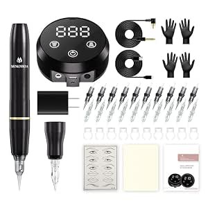 Aparat de machiaj permanent Mokohoa, set aparat de tatuat cu 20 de ace de cartus, ecran tactil MCU si afisaj digital LED, kituri de tatuat, creion de sprancene pentru exersarea pielii, 10 cupe de cerneala (negru)