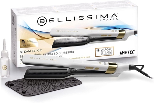 Bellissima Imetec Steam Elixir, placa de indreptat parul cu abur, indreapta parul dintr-o singura trecere fara a-l deteriora, acoperire ceramica si cu ulei de argan, incalzire rapida, 4 temperaturi, covoras rezistent la caldura