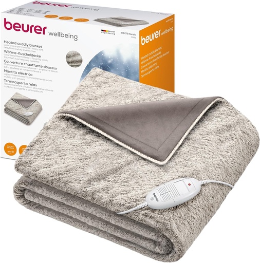 Patura incalzita Beurer HD 75 Cosy Nordic, patura electrica confortabila cu aspect de blana, 6 setari de temperatura, lavabila la masina, cu oprire automata, culoare taupe
