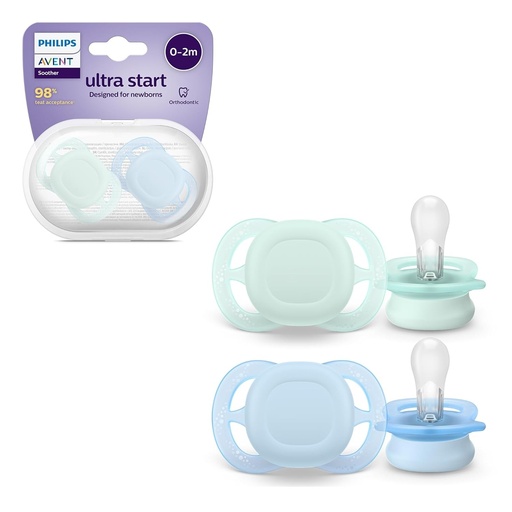 Suzete Philips Avent Ultra Start, suzete ortodontice pentru nou-nascuti 0-2 luni, fara BPA, cu sterilizare si husa de calatorie, pachet de 2, SCF075/02