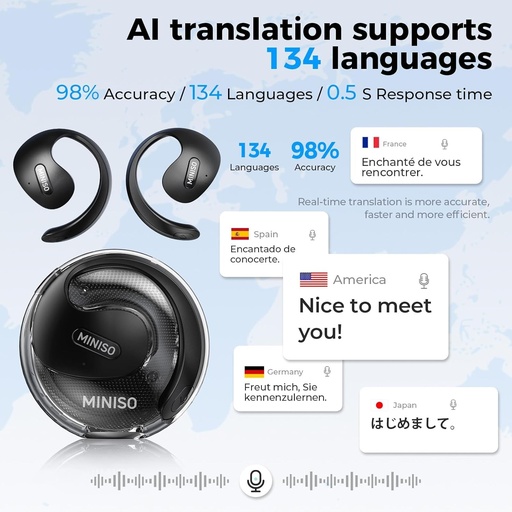 Traducator cu casti MINISO X15PRO AI, traducator de limbi AI 3 in 1, traducere online pentru 134 de limbi prin aplicatie, casti de traducere cu urechi deschise pentru invatare, calatorii, afaceri