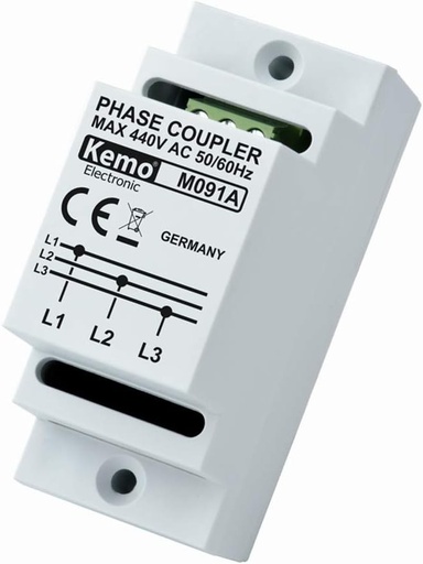 Cuplor de faza Kemo M091A pentru produse Powerline, pentru montare pe sina DIN. Conecteaza capacitiv toate cele trei faze interne ale retelei, pentru rate de transmisie de pana la 650 Mbit/s.