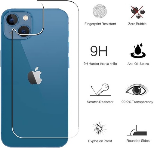 Wookfiss pentru iPhone 13, sticla securizata spate (2) + protectie camera spate (2), protectie ecran spate anti-zgarieturi cu duritate 9H pentru Apple iPhone 13