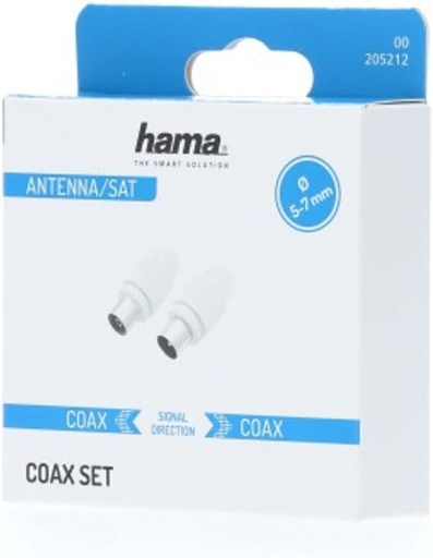 Conectori antena TV Hama (2 conectori antena TV coaxial mufa mascul + mufa femela coaxiala, diametru 5-7 mm, 2 bucati) alb